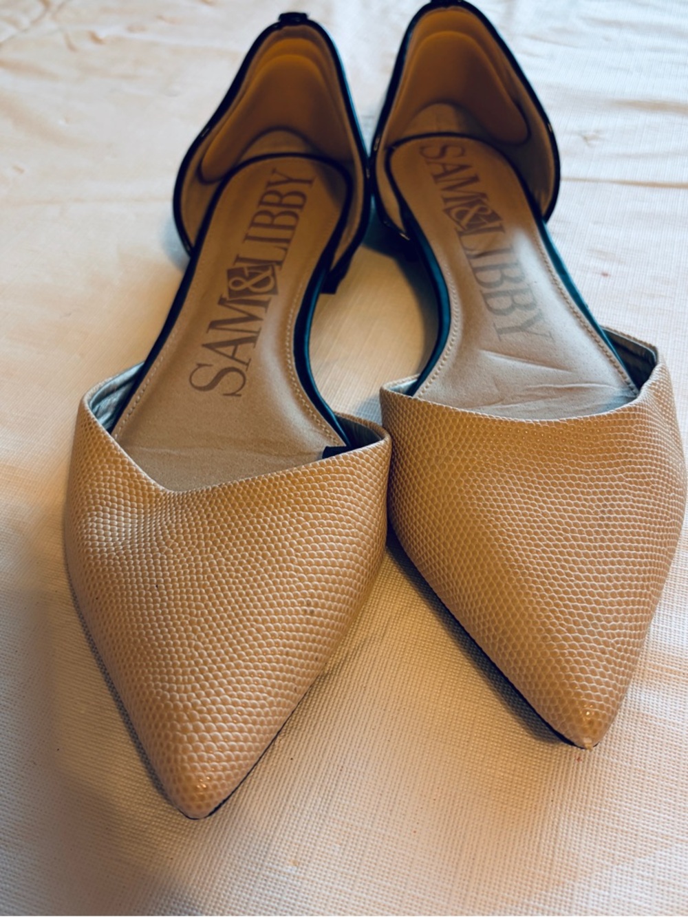 Sam & Libby Beige Pointed D'Orsay Flats with Black Patent Heel - Picture 3 of 7
